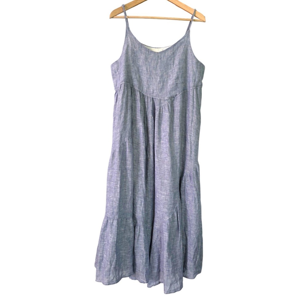 CP Shades Sandrine Dress Blue Linen Chambray Asymmetrical Tiered Midi Sundress